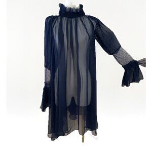Gracia Sheer Ruffled Mini Dress Tunic Size L Navy Oversized Fairy Bridgerton